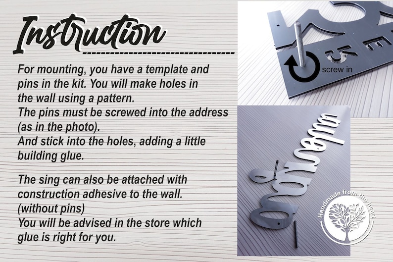 May include: Instructions for mounting a metal sign with the text "Grandma" on a gray background. The instructions include using a template and pins to attach the sign to the wall. The sign can also be attached with construction adhesive.