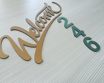 Metal house numbers welcome, house number sign, metal aluminum address, Custom numbers  or letters house signs, Address Signs gold