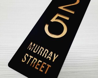 Vertical House Number Sign, Black Milled Address Plate with Gold, Outdoor Decor