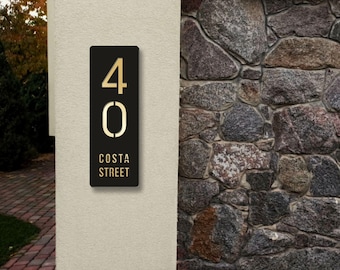 Vertical House Number Sign, Black Milled Address Plate with Gold, Outdoor Decor