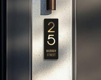 Vertical House Number Sign, Black Milled Address Plate with Gold, Outdoor Decor
