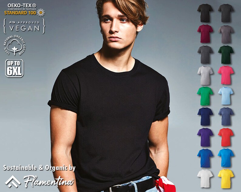 May include: A black t-shirt with short sleeves and a crew neck. The t-shirt is made from sustainable and organic materials. The t-shirt is available in a variety of colors, including grey, maroon, green, pink, blue, and yellow. The t-shirt is available in sizes up to 6XL. The t-shirt is certified by Oeko-Tex Standard 100 and is vegan.