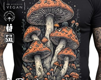 May include: A black t-shirt featuring a graphic of orange and brown mushrooms on a dark green background. The text "Flamentina" is printed in white at the bottom of the shirt. The shirt also features the text "OEKO-TEX® STANDARD 100", "PITA APPROVED VEGAN", and "100% NATURAL ORGANIC COTTON" in white.