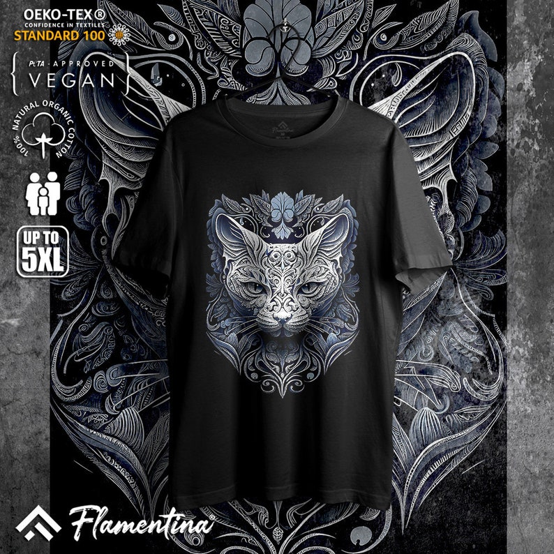 Ornate Cat T-Shirt Animals Mandala Art Spiritual Meditation Yoga Chakra E314 | Mens, Womens and Kids sizes; Acid Washed, Tie Dye, Batik image 6