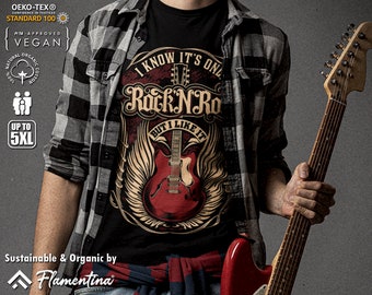 May include: Black t-shirt featuring a vintage-style graphic of a red electric guitar with wings and the text "I know it's only Rock N Ro but I like it". The shirt is made from organic cotton and is certified vegan and Oeko-Tex Standard 100.