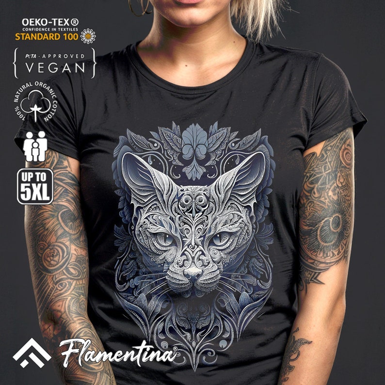 Ornate Cat T-Shirt Animals Mandala Art Spiritual Meditation Yoga Chakra E314 | Mens, Womens and Kids sizes; Acid Washed, Tie Dye, Batik image 3