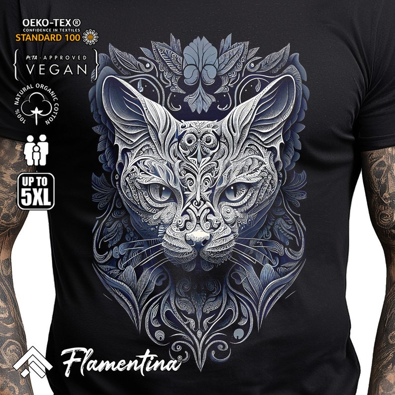 Ornate Cat T-Shirt Animals Mandala Art Spiritual Meditation Yoga Chakra E314 | Mens, Womens and Kids sizes; Acid Washed, Tie Dye, Batik image 1