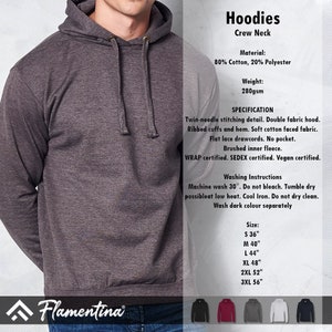 May include: A grey hooded sweatshirt with a crew neck. The sweatshirt is made of 80% cotton and 20% polyester. It has a weight of 280gsm. The sweatshirt has twin-needle stitching detail, double fabric hood, ribbed cuffs and hem, soft cotton faced fabric, flat lace drawcords, no pocket, brushed inner fleece, and is WRAP, SEDEX, and Vegan certified. The sweatshirt is available in sizes S (36 inches), M (40 inches), L (44 inches), XL (48 inches), 2XL (52 inches), and 3XL (56 inches).