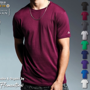 May include: A burgundy t-shirt with short sleeves and a crew neck. The shirt is made of organic cotton and is certified vegan. The shirt is available in a variety of colors, including black, gray, green, blue, and red. The shirt is available in sizes up to 6XL. The shirt is made by Flamentina.