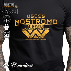 May include: Black t-shirt with a gold USCSS Nostromo logo. The shirt displays the text "180286 WEYLAND-YUTANI CORP" and the phrase "BUILDING BETTER WORLDS". The t-shirt is available up to size 5XL and is made of natural organic cotton.