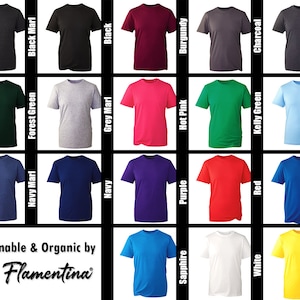 May include: A chart of 20 different colored t-shirts, each with a short-sleeve crew neck. The t-shirts are arranged in four rows of five, with the color names listed below each t-shirt. The colors include black marl, forest green, grey marl, black, burgundy, charcoal, dark grey marl, hot pink, kelly green, light blue, navy marl, navy, purple, red, royal, sapphire, white, and yellow.