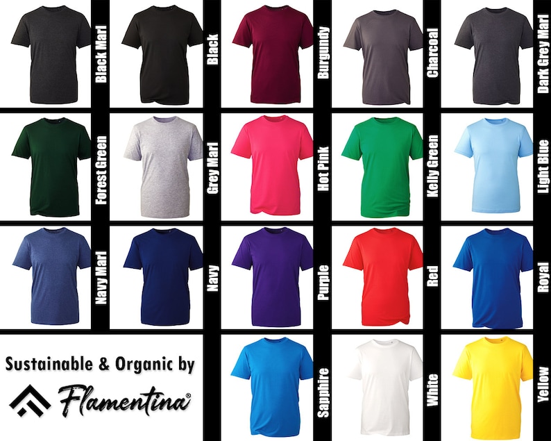 May include: A chart of 20 different colored t-shirts, each with a short-sleeve crew neck. The t-shirts are arranged in four rows of five, with the color names listed below each t-shirt. The colors include black marl, forest green, grey marl, black, burgundy, charcoal, dark grey marl, hot pink, kelly green, light blue, navy marl, navy, purple, red, royal, sapphire, white, and yellow.
