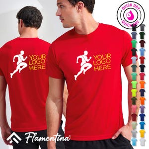 May include: Red t-shirt featuring a white running figure and the text "Your Logo Here" in yellow. The shirt is made from quick-dry material and is available in a range of colours.