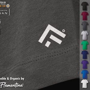 May include: A dark gray t-shirt with a white logo of a stylized letter F. The shirt is made of organic cotton and is certified vegan and Oeko-Tex Standard 100. The shirt is available in sizes up to 6XL. The shirt is also available in a variety of colors, including black, red, navy, green, blue, purple, and yellow.
