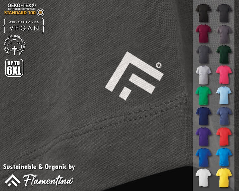 May include: A dark gray t-shirt with a white logo of a stylized letter F. The shirt is made of organic cotton and is certified vegan and Oeko-Tex Standard 100. The shirt is available in sizes up to 6XL. The shirt is also available in a variety of colors, including black, red, navy, green, blue, purple, and yellow.