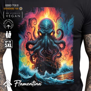 May include: A black t-shirt featuring a colourful graphic of a kraken, a mythical sea monster, attacking a ship. The kraken is depicted with tentacles and glowing eyes. The text "Flamentina" is printed on the bottom of the shirt.