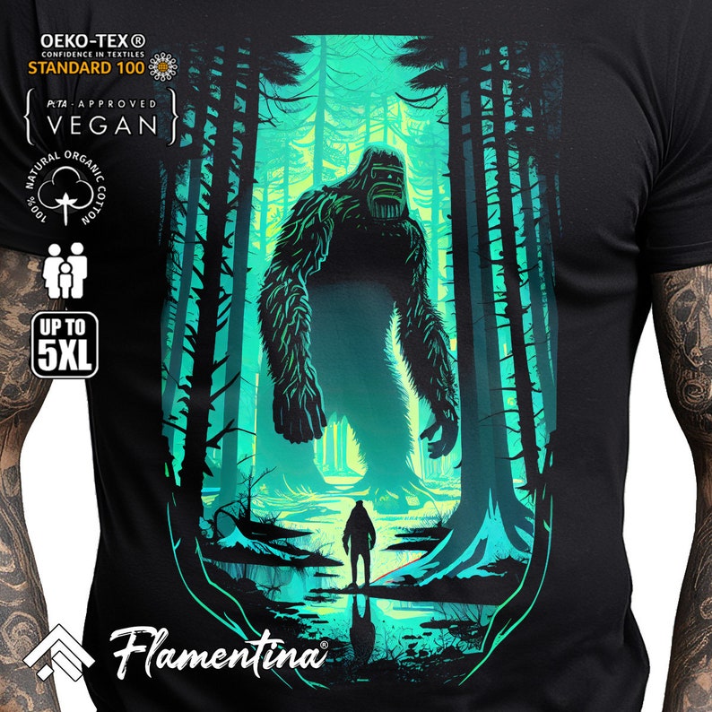 Big Foot T-Shirt Horror Forest Monster Sasquatch Mystery Legend E174 | Mens, Womens and Kids sizes; Acid Washed, Tie Dye, Batik image 1