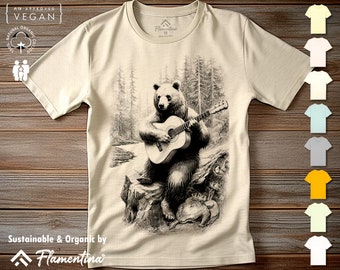 Groovy Bear Playing Guitar T-Shirt, Organic Cotton, Nature Music Rock, Forest Wildlife Jamming, Acoustic Boho, Men's Women's & Kids Sizes