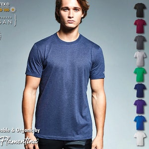 May include: A blue t-shirt with short sleeves and a crew neck. The t-shirt is made of organic cotton and is certified by Oeko-Tex Standard 100. The t-shirt is available in a variety of colors, including black, red, gray, green, blue, purple, and white. The t-shirt is available in sizes up to 6XL.