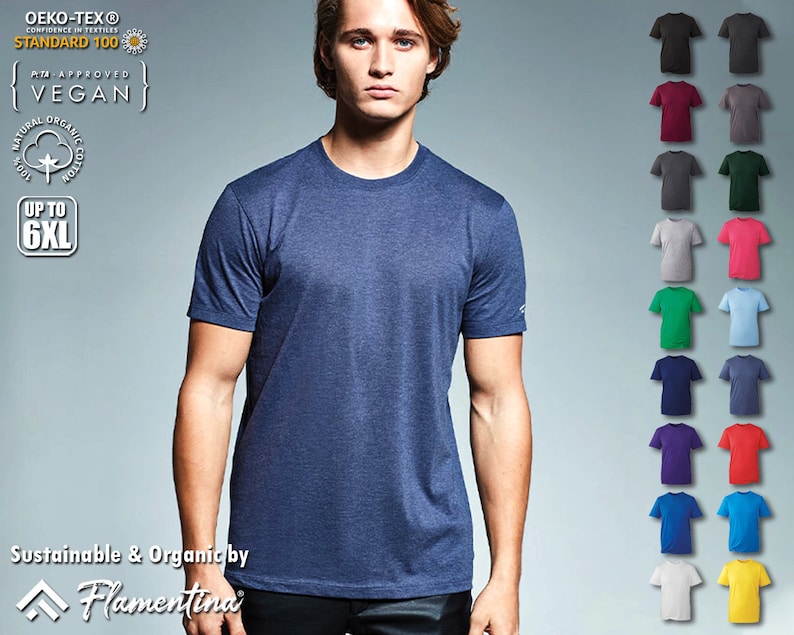 May include: A blue t-shirt with short sleeves and a crew neck. The t-shirt is made of organic cotton and is certified by Oeko-Tex Standard 100. The t-shirt is available in a variety of colors, including black, red, gray, green, blue, purple, and white. The t-shirt is available in sizes up to 6XL.