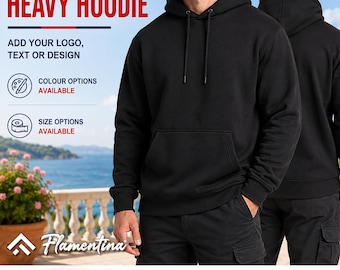 May include: A black heavy hoodie with a drawstring hood and a front kangaroo pocket. The text on the image reads: PERSONALISED HEAVY HOODIE, ADD YOUR LOGO, TEXT OR DESIGN, COLOUR OPTIONS AVAILABLE, SIZE OPTIONS AVAILABLE, Flamentina, Text, Logo, Design, Photo.