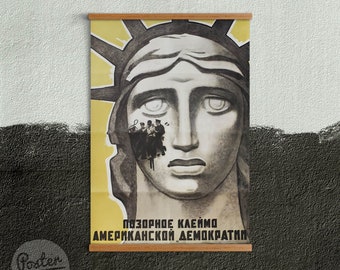 Gray And Yellow Pattern #1211 Vintage Print Vintage Art Statue of Liberty Russian Theme The American Democracy Soviet Propaganda Poster