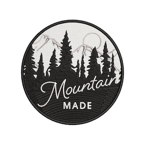 Mountain Made B/W Embroidered Patch DIY Iron on Nature Applique Vest Backpack, Forest Trees, Outdoor Adventure, Animals & Wildlife Gift