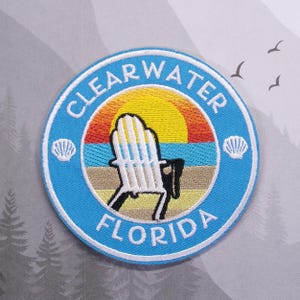 Iron-on Clearwater Florida Patch Embroidered Applique for Jacket, Clothing, Backpack, Ocean Vacation, Seashell Badge, Beach Bum, Coastal