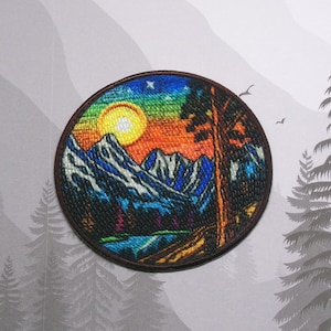 Iron On Hiking Trail Patch, Sew-On Applique for Jacket Backpack, Adventure Gift, Outdoor Sunset Badge, National Park Patch, Wilderness Patch