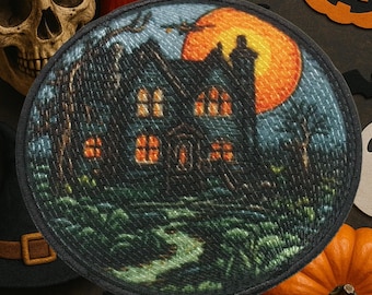 Parche de casa embrujada/Parche termoadhesivo/Decoración para disfraz de Halloween infantil/Espeluznante y terrorífico/Aplicación para coser en ropa, chaleco, mochila o bolsa de truco o trato