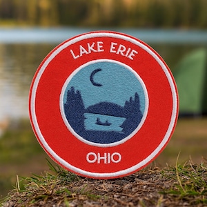 Parche del lago Erie, Ohio. Parche termoadhesivo bordado para recuerdo. Parche para pesca, acampada y senderismo en los Grandes Lagos. Insignia para viajes al aire libre.