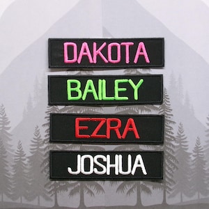 May include: Four black fabric name tags with white stitching. The names are DAKOTA in pink, BAILEY in green, EZRA in red, and JOSHUA in white.