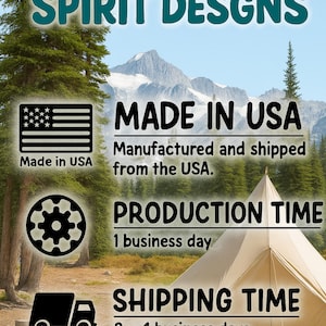 May include: Image with the text "APPALACHIAN SPIRIT DESIGNS" in teal. Below, it reads "MADE IN USA" with an American flag graphic. Additional text includes "Manufactured and shipped from the USA" and "PRODUCTION TIME 1 business day."
