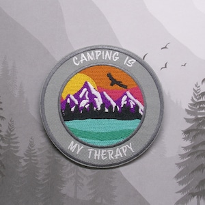 Iron On Camping Is My Therapy Patch, Embroidered Applique for Jacket Backpack, Outdoor Adventure, Mountain Sunset Gift, Wilderness Patch
