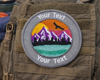 Custom Text Patch w/Mountain/Iron-On Patch/Personalized Gifts//Hiker & Camping/Embroidered Sew-On Applique for Clothing Vest/Jacket Backpack