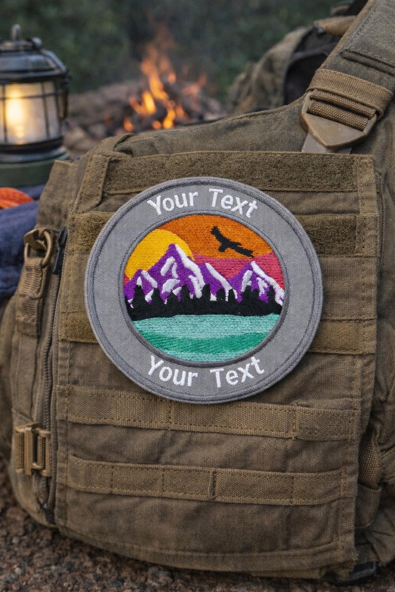Custom Text Patch w/Mountain/Iron-On Patch/Personalized Gifts//Hiker & Camping/Embroidered Sew-On Applique for Clothing Vest/Jacket Backpack image 1