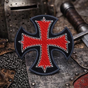 Knight Templar Cross Patch/Iron-On Patch/Shield Crest Medieval Badge, Coat of Arms/Embroidered Sew-On Applique for Clothing Jacket Backpack