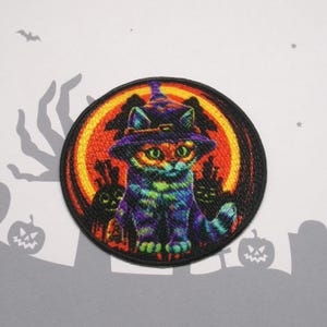 Iron-On Spooky Cat Patch, Sew-On Applique for Jacket, Backpack, Trick-or-Treat Bag, Moonlit Black Cat Badge, Witch Vibes Patch, Spellbound