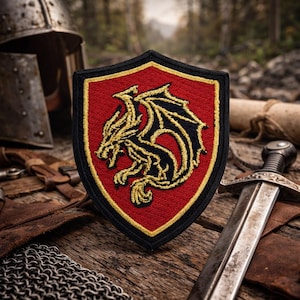 Dragon Crest Patch/Iron On Patch/Medieval Coat of Arms Badge/Embroidered Sew-On Applique for Clothing Costume Vest/Jacket Backpack