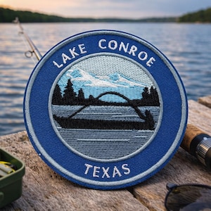 Lake Conroe Patch/Iron On Patch/Texas Fishing Souvenir/Nature Badge/Mountain Forest/Embroidered Sew-On Applique for Clothing Jacket Backpack