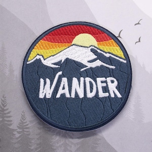 Iron On Wander Patch, Embroidered Applique for Jacket Backpack, Adventure Gift Idea, Hiking Badge, Mountain Explorer Patch, Summit Sunset