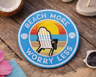 Beach More Worry Less Patch/Iron-on Patch/Fun Vacation - Coconut Girl/Embroidered Sew-On Applique for Clothing Tote Bag Vet/Jacket Backpack