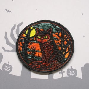 Iron-On Spooky Cat Patch, Sew-On Applique for Jacket, Backpack, Trick-or-Treat Bag, Moonlit Black Cat Badge, Witch Vibes Patch, Spellbound