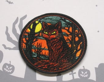 Iron-On Spooky Cat Patch, Sew-On Applique for Jacket, Backpack, Trick-or-Treat Bag, Moonlit Black Cat Badge, Witch Vibes Patch, Spellbound