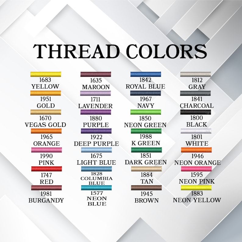 May include: A color chart displaying various thread colors with their corresponding names and codes. The chart includes shades like yellow, gold, pink, red, and blue, along with more unique hues such as Vegas Gold and Neon Orange. The title "THREAD COLORS" is at the top.