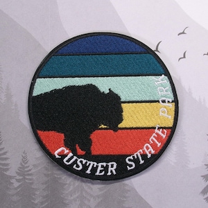 Iron On Buffalo Patch, Embroidered Custer State Park Badge for Backpack Jacket, Sunset Trail Applique, Wilderness Gift, Outdoor Adventure