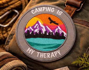 Camping Is My Therapy Patch/Iron On Patch/Mountain Sunset/Outdoor Adventure/Embroidered Sew-On Applique for Clothing Vest/Jacket Backpack