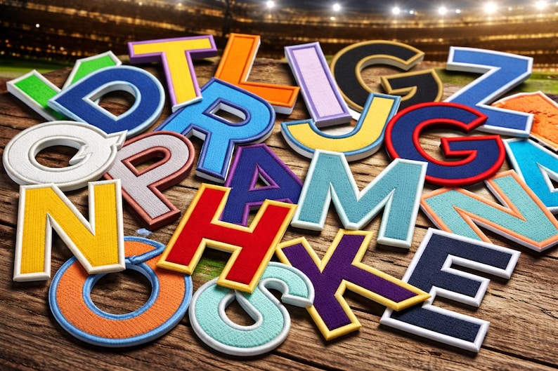 May include: A collection of colorful embroidered letters in various fonts and sizes, including yellow, orange, blue, and red, are arranged on a wooden surface. The letters are outlined in white and have a textured appearance, suggesting they are patches or appliques.