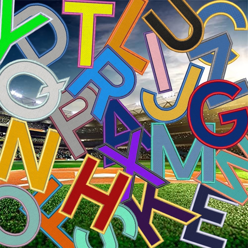 May include: A vibrant image featuring embroidered letters in various colors, including yellow, blue, and green, against a backdrop of a baseball field and stadium. The letters are scattered, creating a playful and eye-catching design.