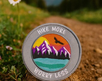 Hike More Worry Less Patch/Iron On Patch/Mountain Sunset Badge/Camping/Embroidered Sew-On Applique for Clothing Vest/Jacket Hats Backpack